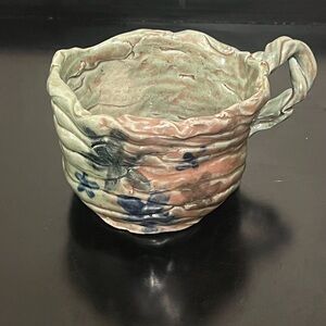 Signed Studio Pottery Sculptural Bowl w Handle Handbuilt Art Ceramic Organic